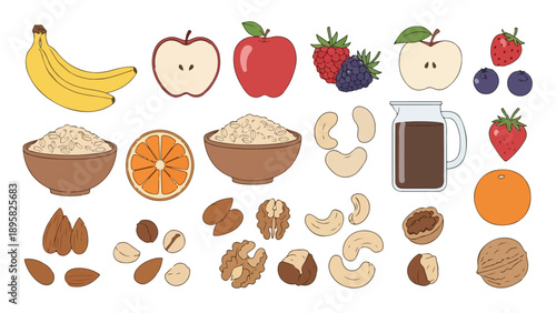 Assorted fruits nuts and breakfast foods on white background daily healthy eating concept