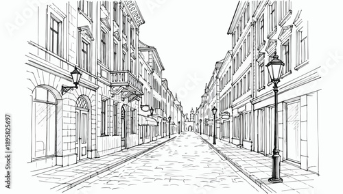 Black and white illustration of empty city street with buildings and lamps  old town