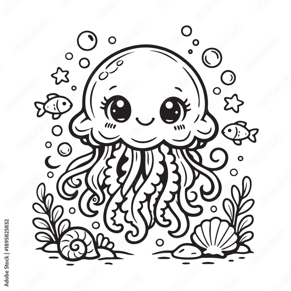 Fototapeta premium Baby Jellyfish Friendly Coloring Page, Cute Ocean Animal Line Art