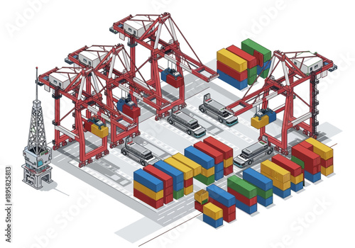 Container Terminal Operations with Cranes and Shipping Containers in a Busy Port