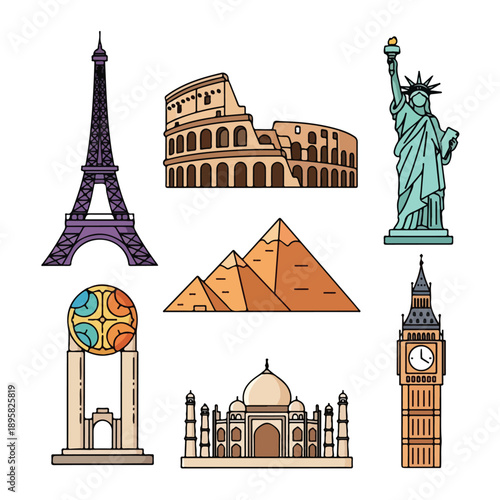 Illustration of famous landmarks from around the world including Eiffel Tower, Colosseum, Statue of Liberty, Stonehenge, Pyramids, Taj Mahal, and Big Ben viewed from various angles.