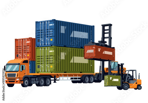 A vibrant logistics scene featuring containers being loaded onto a truck by forklifts at a bustling industrial yard
