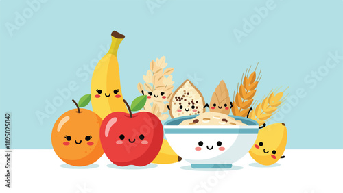 Cartoon fruit and cereal bowl with smiling faces on light blue background