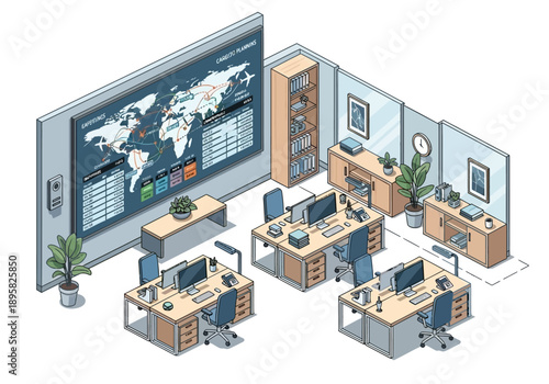Isometric office workspace with multiple workstations and a large screen displaying a world map