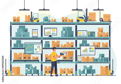Warehouse Worker Inspecting Inventory on Shelves with Forklifts in the Background