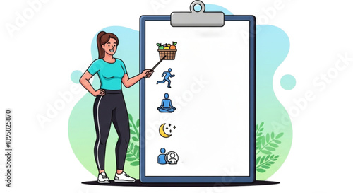 Woman holding meditation icons on clipboard isolated on transparent background.