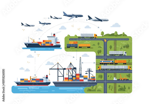 Cargo ships and airplanes transporting goods to a logistics facility