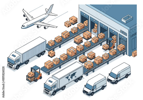 Logistics and transportation hub with trucks and airplane in operation