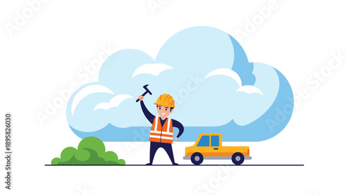 Friendly construction worker wearing a safety vest and helmet holding a hammer next to a small yellow truck.