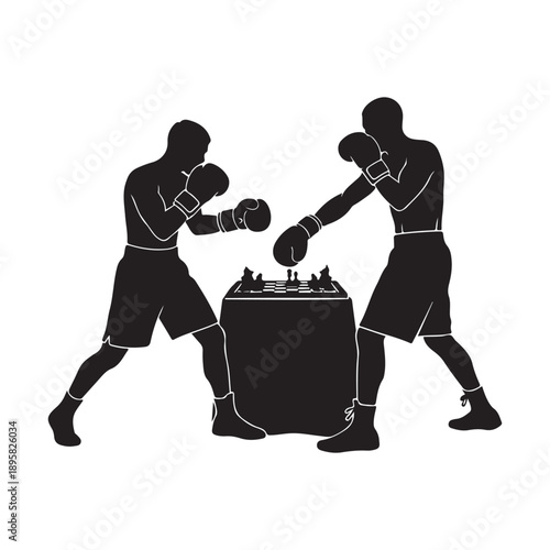 Silhouette of two athletes competing in a game of chess boxing around a table.