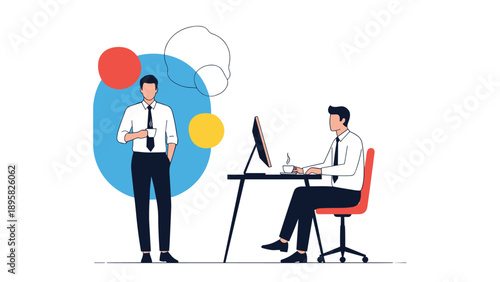 Modern office scene with one man standing while drinking coffee and another man sitting at a desk using a computer.