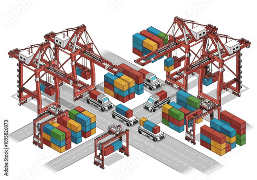 Aerial view of a busy container terminal with cranes loading cargo onto vehicles