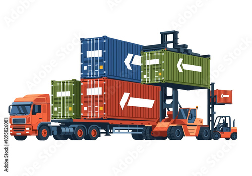 Logistics operation with forklift loading shipping containers onto a large truck