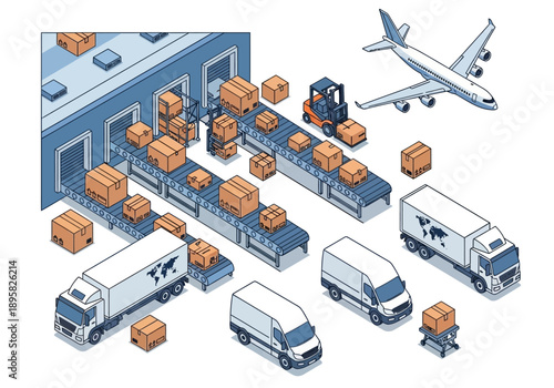 Aerial view of a warehouse facility with trucks and packages being loaded and unloaded with an airplane nearby