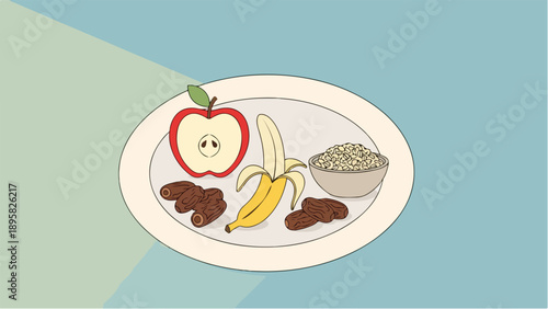 Healthy breakfast plate with fruits and oatmeal on blue green background