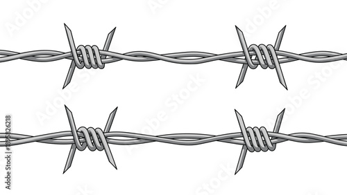 Two parallel strands of sharp metallic barbed wire used for security fencing and boundary protection outdoors.