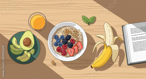Healthy breakfast table setting with fruit and cereal bowl on wooden surface