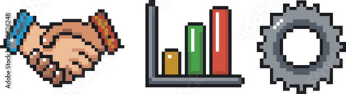 Pixel art business icons set, handshake agreement, growth bar chart and gear symbol, retro pixel style, finance strategy illustration, isolated white background