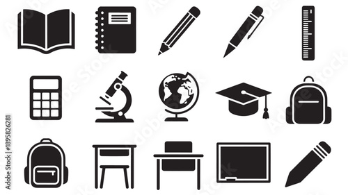 Educational icons set featuring school supplies and symbols on a clean background viewed from a straightforward perspective