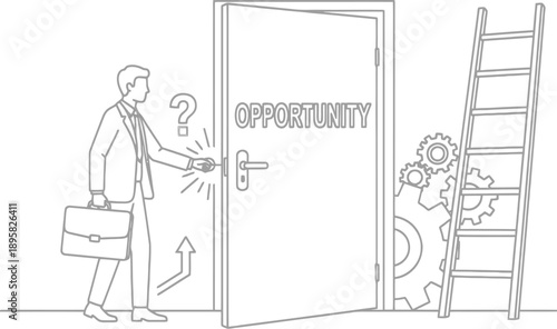 Man opening door to new opportunity with question mark