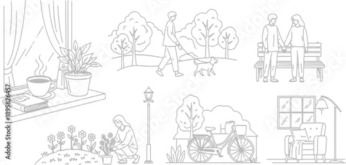 People enjoying daily life activities in and outdoors