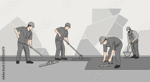 Construction Workers Performing Ground Leveling And Material Mixing Tasks