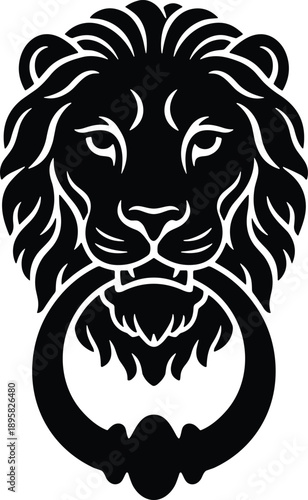 Minimal vector silhouette, antique door knocker shaped like a lion’s head, solid black, isolated on white.