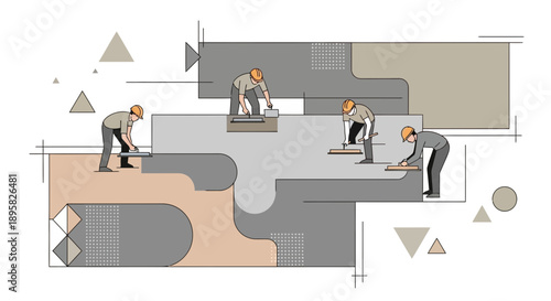 Construction Workers Performing Precision Tasks On Abstract Building Design