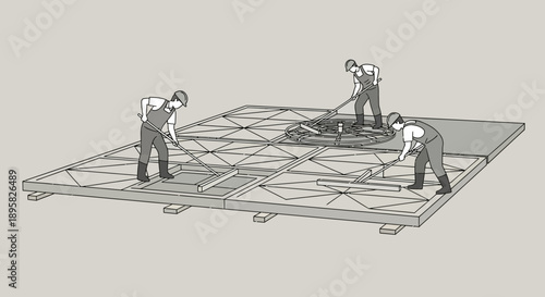 Construction Workers Performing Concrete Floor Leveling For Industrial Building