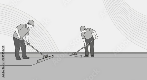 Construction workers smoothing concrete with specialized tools on a building site