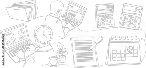 Man working on laptop with office supplies around him