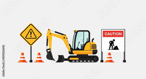 Construction Zone Safety Equipment And Excavator Machine