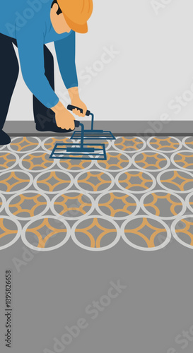 Craftsman Applying Decorative Stencil Pattern to Flooring Surface