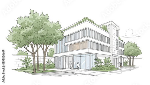Modern house with trees and plants on a white background
