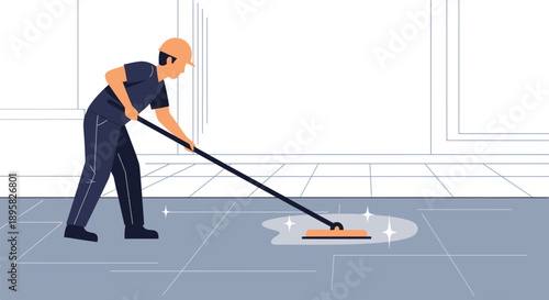 Dedicated Cleaner Working To Polish Tiled Floor Surface With Mop