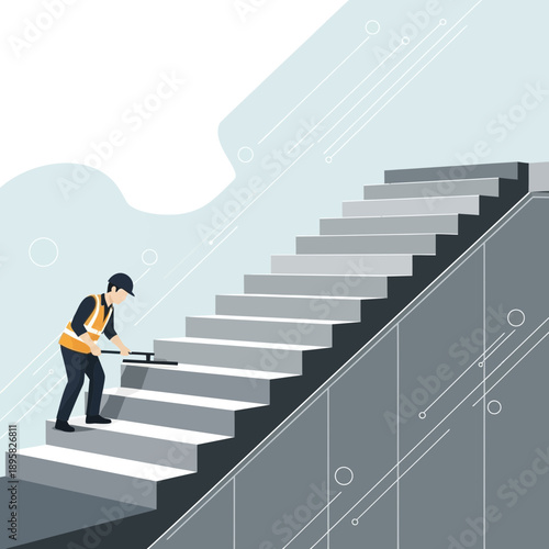 Dedicated Worker Ascends Staircase Towards Success and Advancement