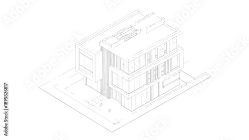 Simple modern house building design in perspective  perspective view  detailed outline