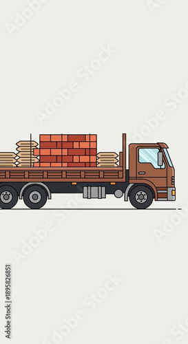 Delivery Truck Transporting Construction Materials Building Bricks And Bags Of Cement
