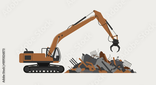 Demolition Excavator At Work On Debris Pile Industry Scene