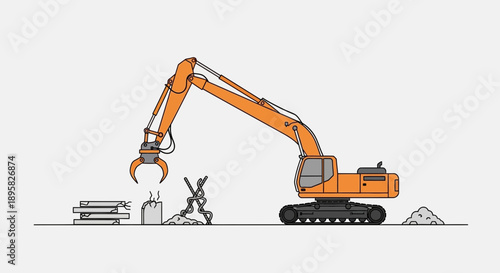 Demolition excavator at construction site clearing debris with claw attachment