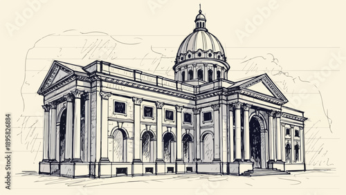 Sketch of a large building with a dome and columns  architectural drawing