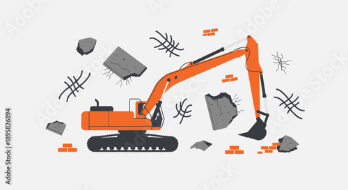 Demolition Excavator Machine Breaking Concrete Rubble On Construction Site