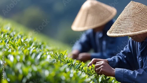 Harvesting Tea Leaves: Two individuals are diligently picking tea leaves on a tea plantation, showcasing the manual harvesting process of this revered crop.