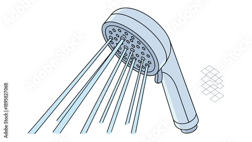 Modern silver shower head with multiple streams of water spraying downwards representing hygiene and bathroom utility.