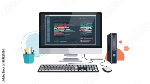 Modern workspace with a large computer monitor displaying programming code next to a keyboard mouse and pencil cup.