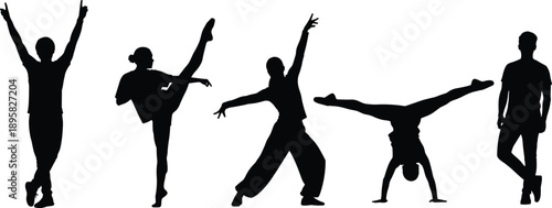 Set of diverse dancers and athletes silhouettes performing dynamic movement, ballet, contemporary, and hip-hop poses, illustrating energy, fitness, strength, and performing arts concepts