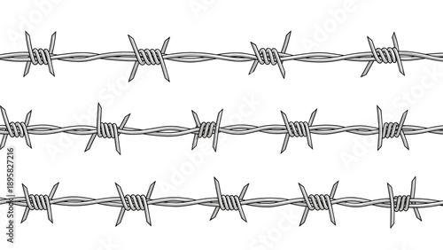 Three parallel horizontal strands of sharp metallic barbed wire used for high security fencing and perimeter defense.