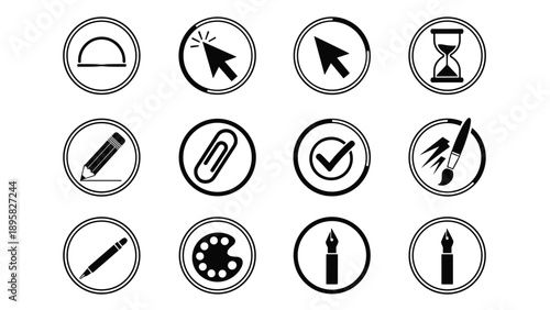 Comprehensive set of circular graphic design and web interface icons including cursors pens and editing tools.