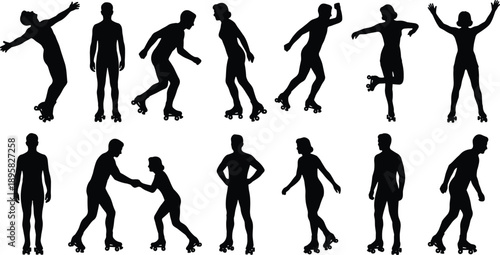 Roller skating silhouettes set illustration, people performing skating poses and movements, sports activity action collection, black vector iconsRoller skating silhouett