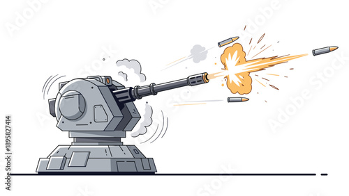 Powerful automatic naval or anti-aircraft gun turret firing bullets with muzzle flash smoke and ejected shells.